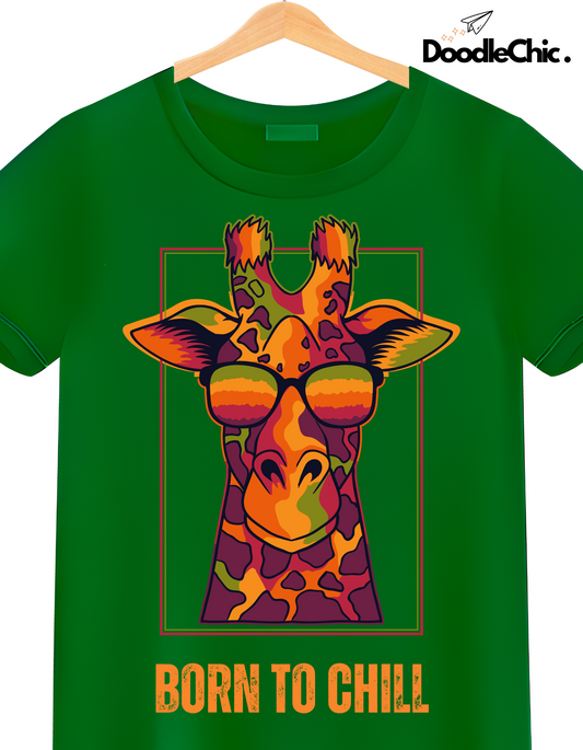 Close-up of Born to Chill by DoodleChic - 100% Organic Cotton Green kids T-shirt with vibrant giraffe graphic and bold text for playful fashion.