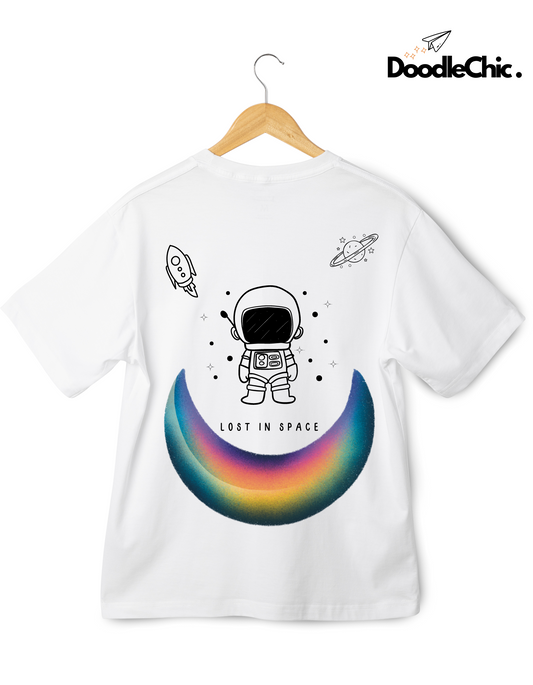 Space by DoodleChic - 100% Organic Cotton White Printed Kids T-shirt showing back view with colorful space-themed print and DoodleChic logo.