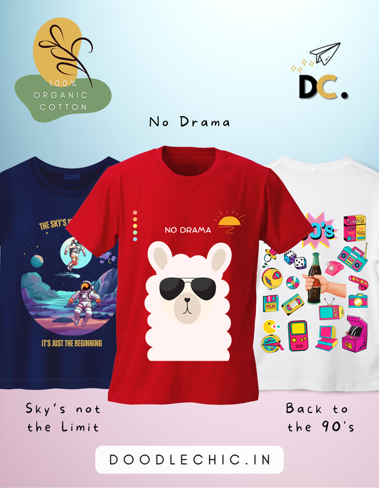 Colorful kids t-shirts set of 3 with No Drama llama, Sky's not the Limit astronaut, and Back to the 90's retro print. Crafted from soft organic cotton.