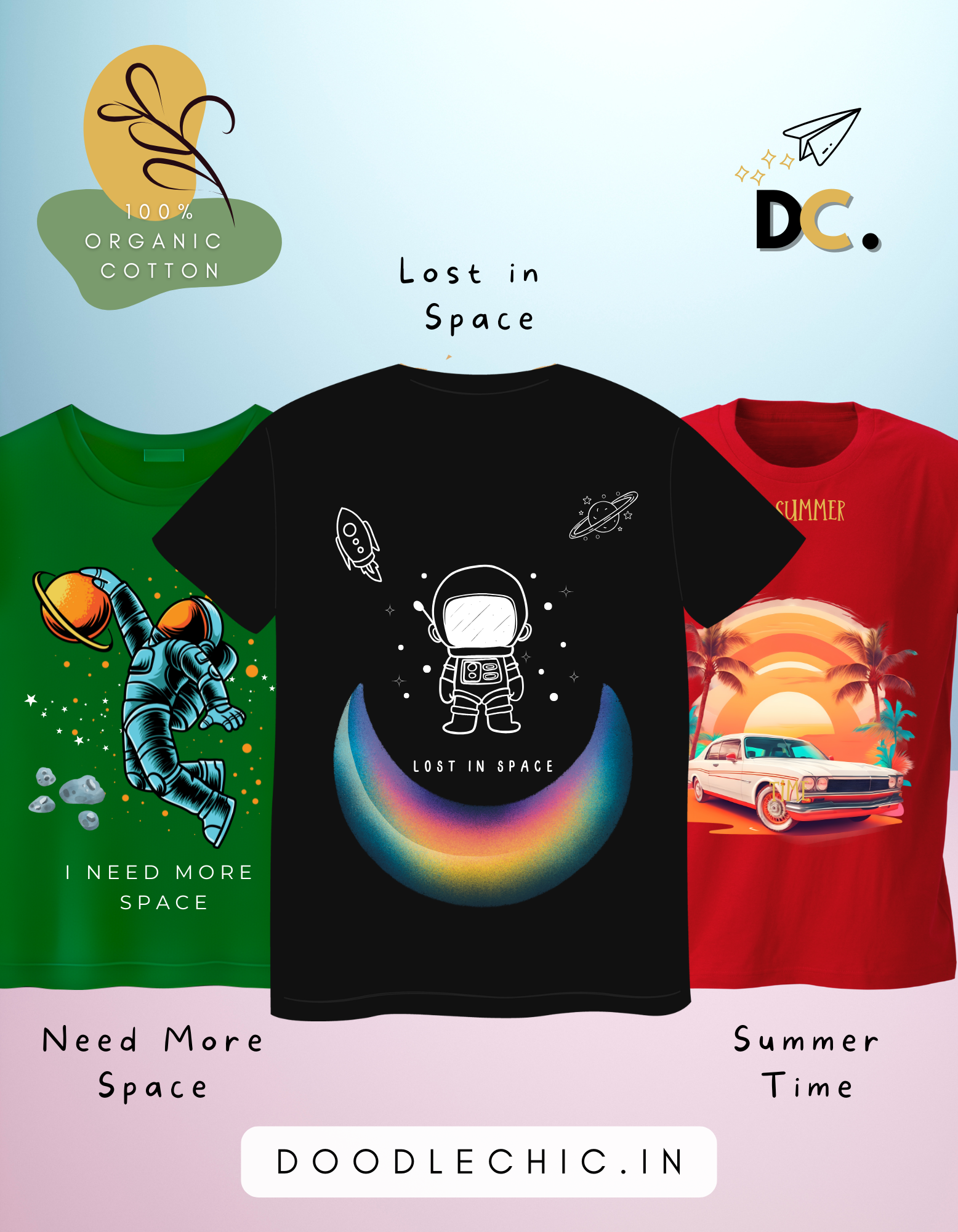 Set of 3 organic cotton kids' t-shirts with vibrant prints – astronaut, sunset car, and space explorer. Includes Lost in Space, Summer Time, and I Need More Space.
