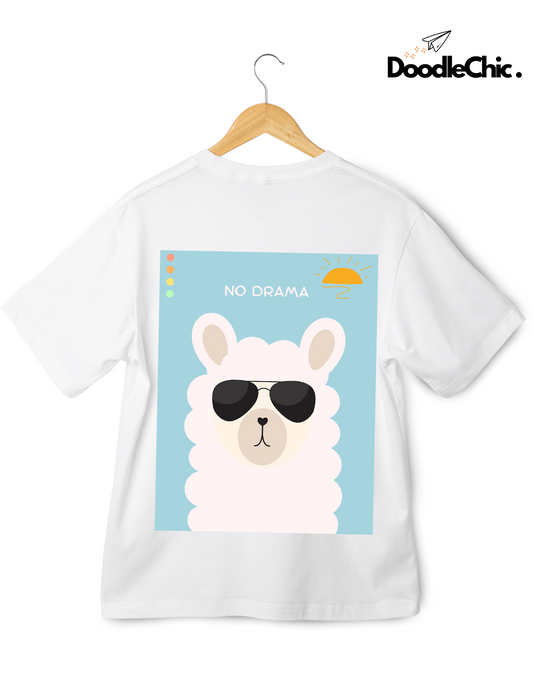 No Drama by DoodleChic- 100% Organic Cotton White Printed kids T-shirt on hanger with close-up of llama print and DoodleChic logo.