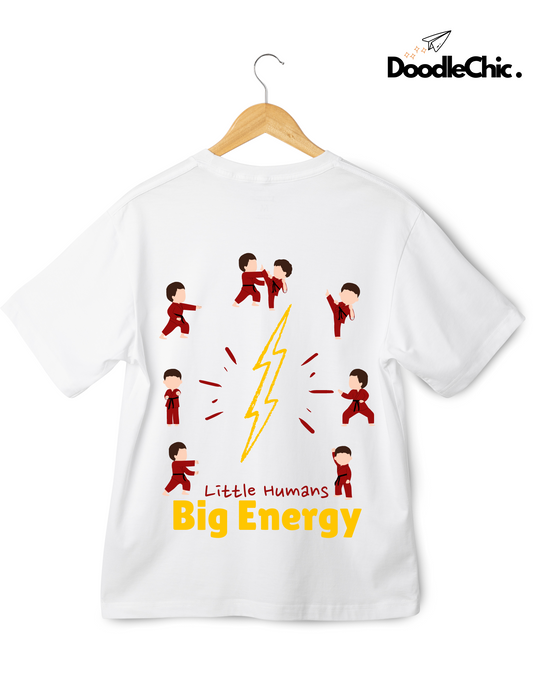 Eco-friendly Little Humans by DoodleChic white kids T-shirt made from 100% organic cotton, showcasing energetic martial arts-themed print.