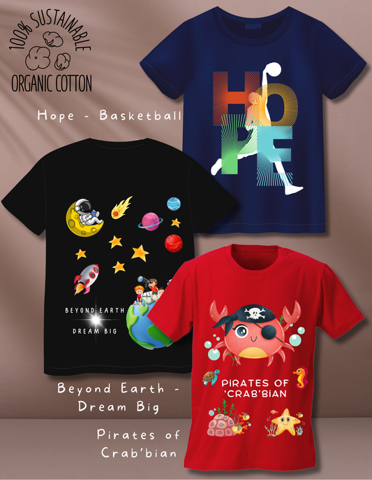 Eco-friendly kids t-shirt set of 3 with Space, Basketball, and Beach prints. Made from 100% organic cotton for breathable comfort and playful style.