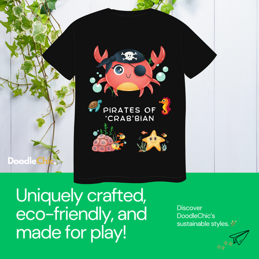 Eco-friendly Pirates of Crab'bian-Doodlechic black kids T-shirt made from 100% organic cotton with playful ocean-themed artwork.