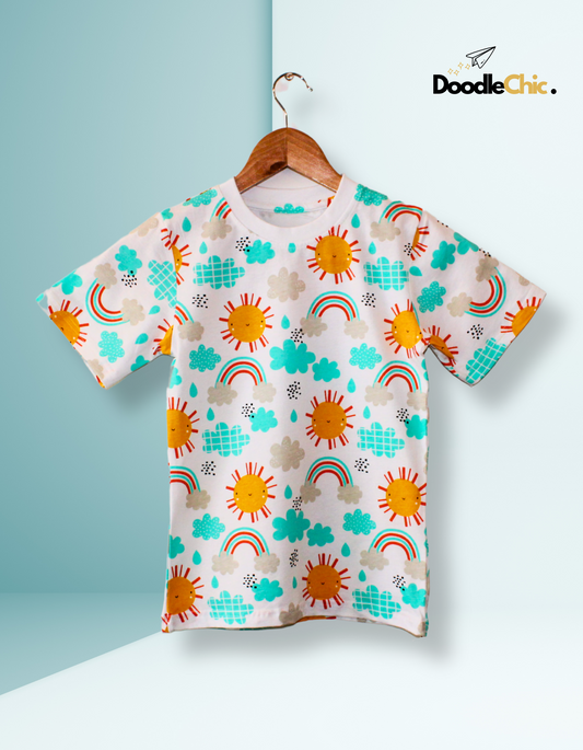 DoodleChic Organic Cotton Kids T-Shirt - Sunshine & Rainbows Theme with full sublimation print, designed for sustainable toddler fashion lovers.