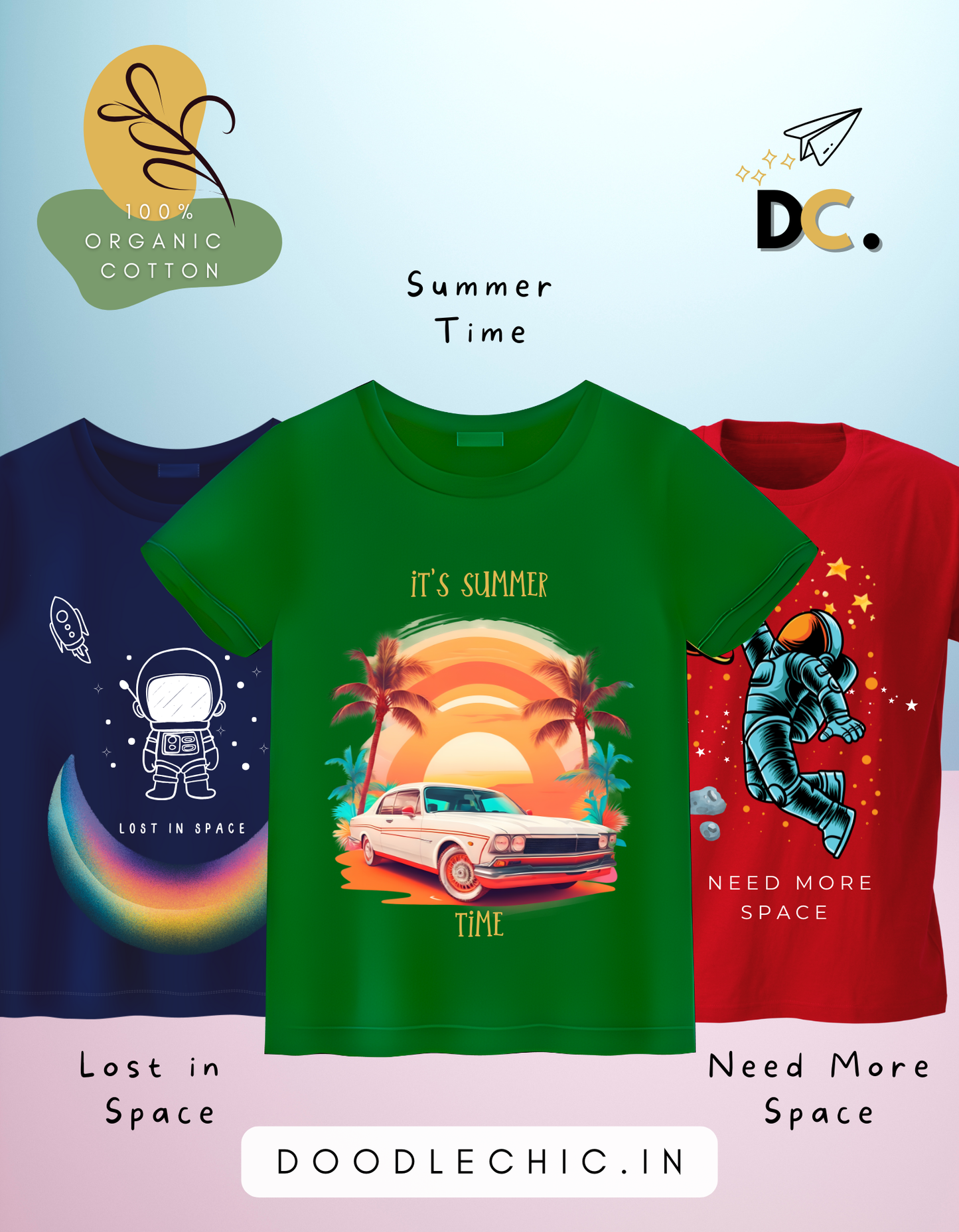Pack of 3 kids' t-shirts featuring Lost in Space, Summer Time, and I Need More Space designs. Made from 100% organic cotton for comfort and durability.