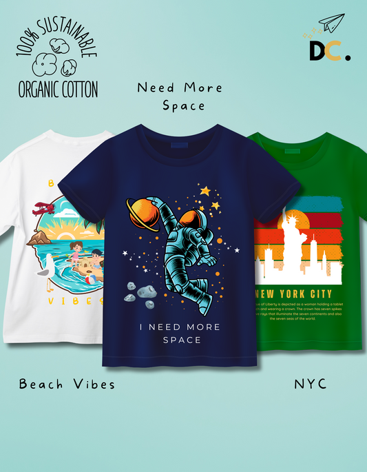 Set of 3 Kids' Organic Cotton T-Shirts with fun prints: astronaut in space, NYC skyline, and beach scene. Sustainable and breathable kidswear.