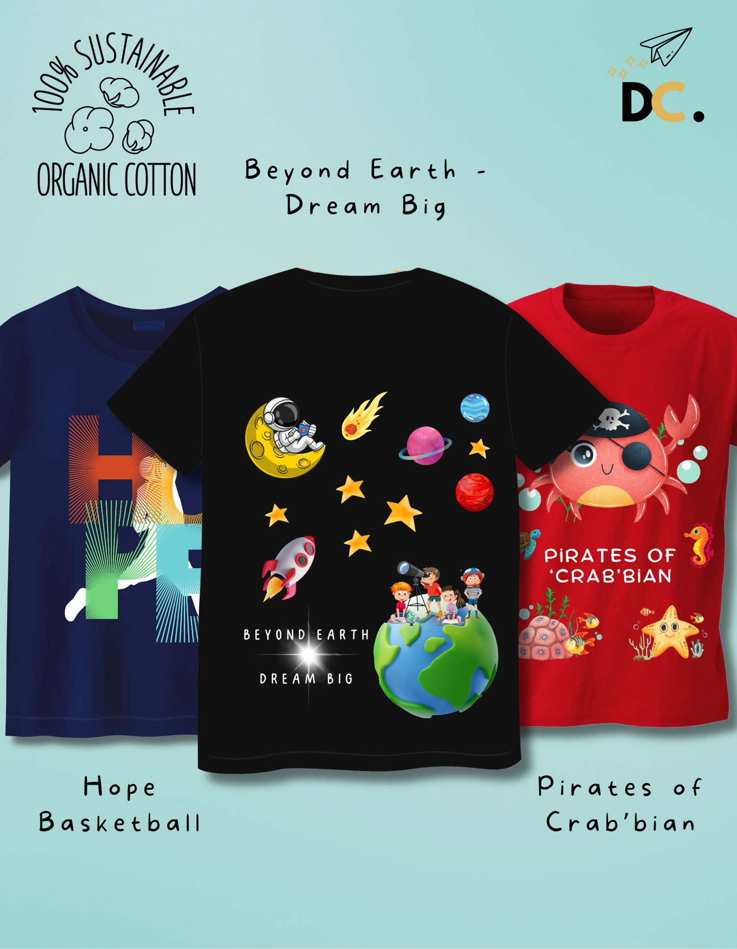 Pack of 3 Space, Basketball and Beach T-shirts
