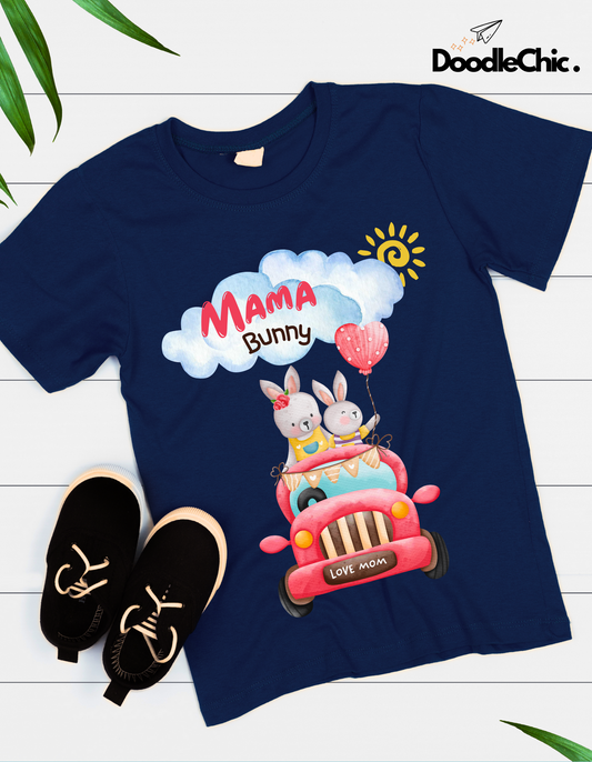 Eco-friendly Mama Bunny Love navy blue kids T-shirt by DoodleChic, made from 100% organic cotton with playful bunny and car illustration.