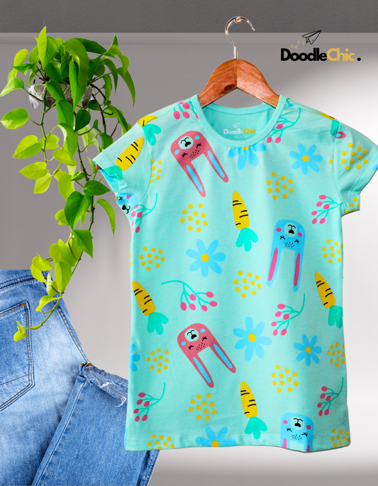 Bunny Hop Delight by DoodleChic - Girls' organic cotton top featuring playful bunny and carrot all-over print, perfect for summer fun.