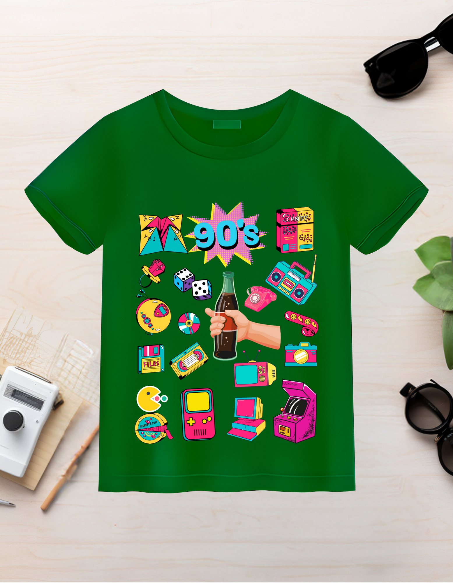 90's Theme Kids Organic Cotton T-shirt Green from DoodleChic