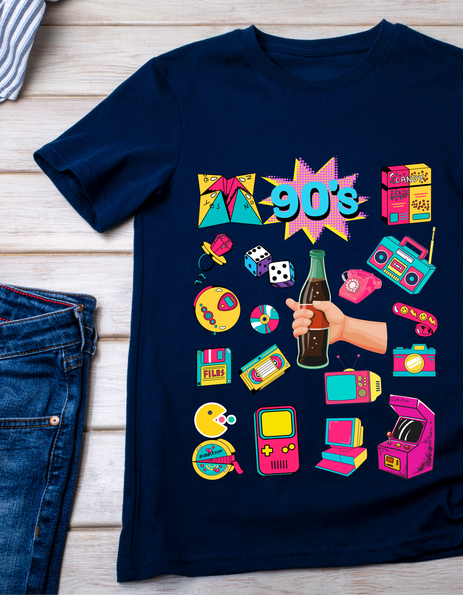 90's Theme Kids T-shirt Organic Cotton Navy Blue from DoodleChic