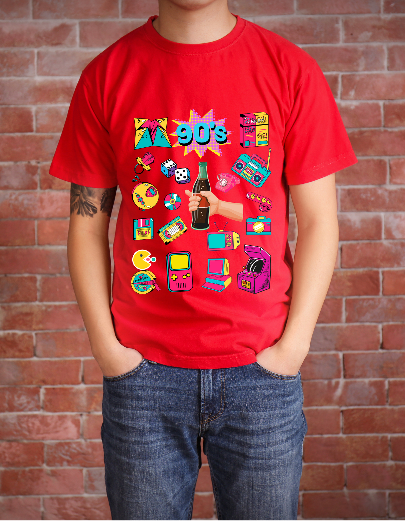90's Theme Kids T-shirt Organic Cotton Red from DoodleChic