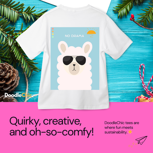 No Drama by DoodleChic- 100% Organic Cotton White Printed kids T-shirt displayed with branding and slogan on a pink background.