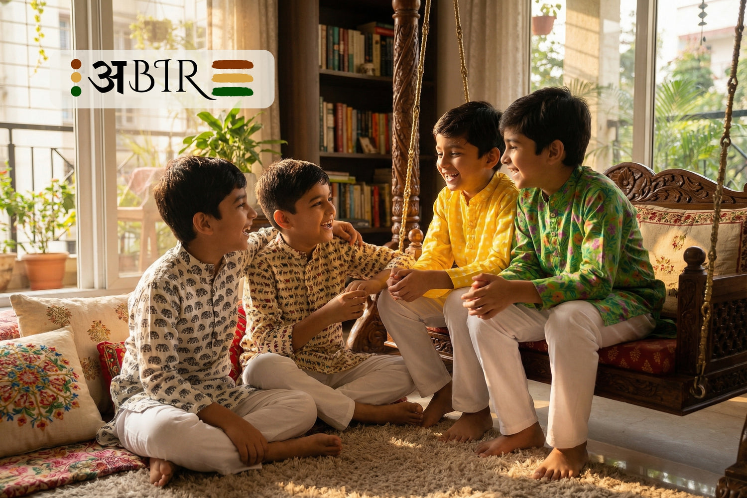 Four boys sitting on a swing in a room with a bookshelf and plants, featuring the ABIR Kurtas
