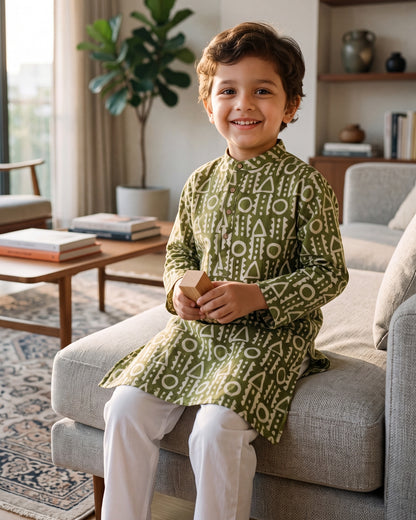 A young boy smiling while sitting on a light gray sofa in a cozy living room, wearing अBIR Olive Green Virasat Long Kurta for Boys with a cream geometric pattern and white pajama