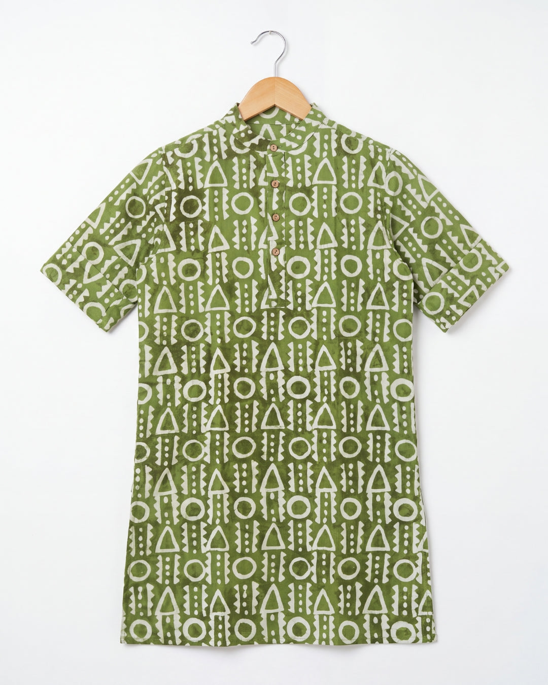 अBIR Olive Green Virasat Long Kurta for Boys with a white geometric pattern of triangles, circles, and dots, hanging on a wooden hanger against a white background.
