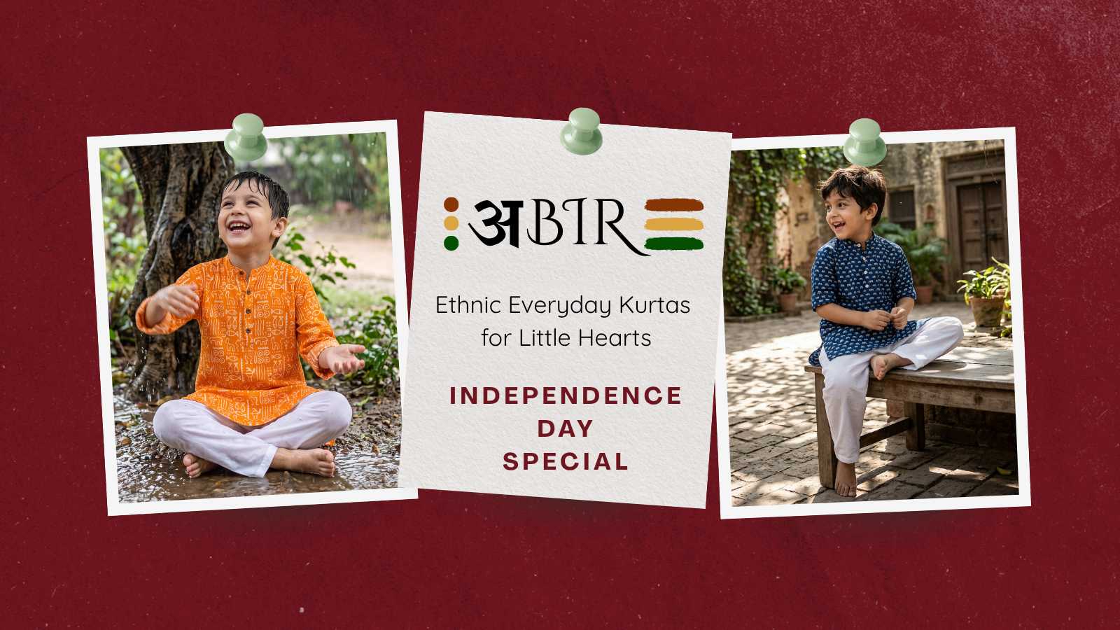 Promotional banner for 'Abir Ethnic Everyday Kurtas for Little Hearts' featuring two children wearing traditional Indian kurtas, with a central card advertising an 'Independence Day Special' on a dark red textured background.