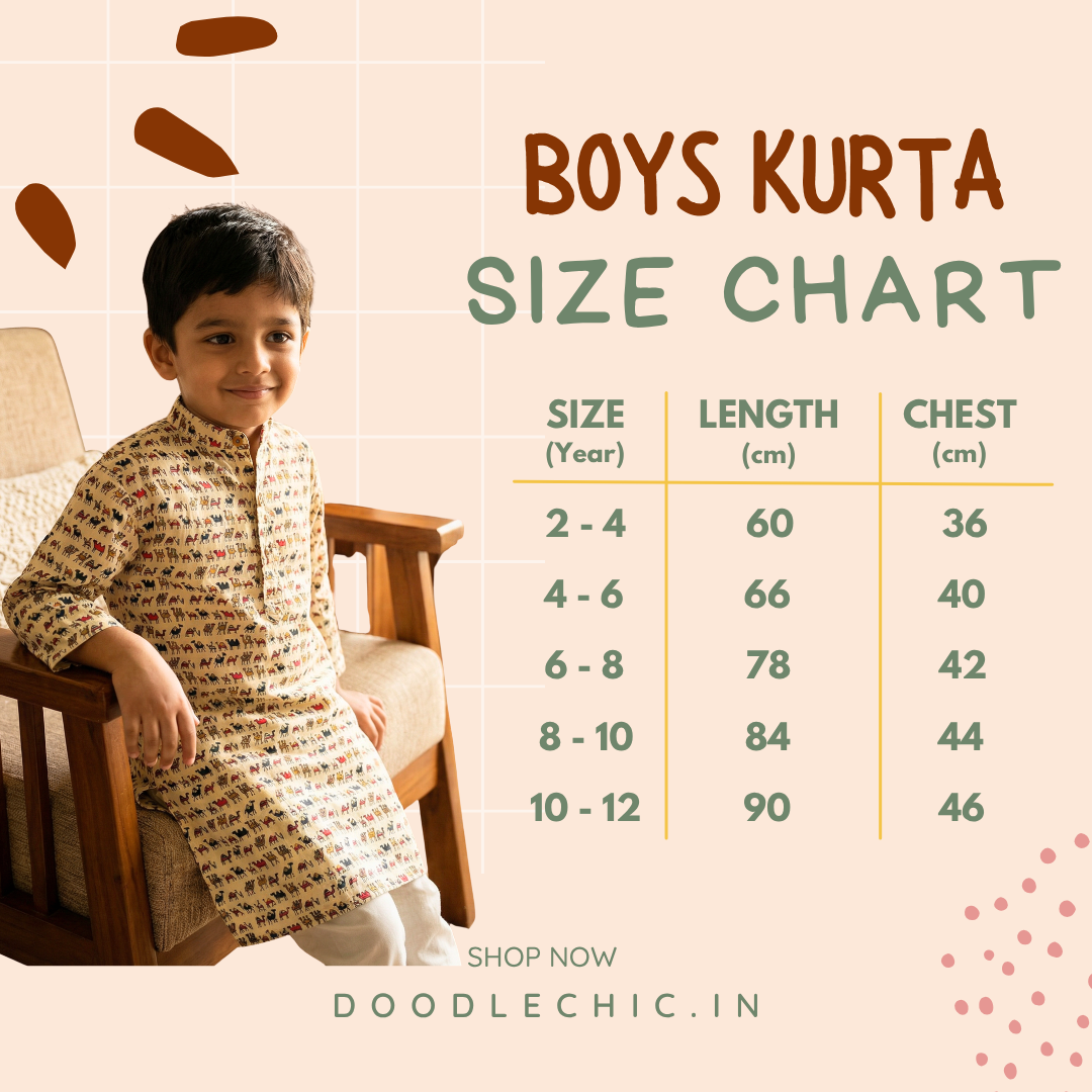 Boys kurta size chart with a child model and product details on a light pink background.
