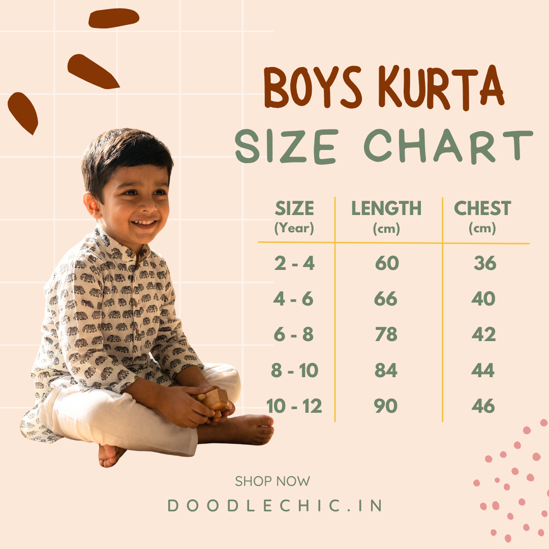 Boys kurta size chart with a child sitting and a size chart on a light pink background.