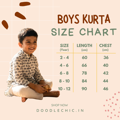 Boys kurta size chart with a child sitting and a size chart on a light pink background.