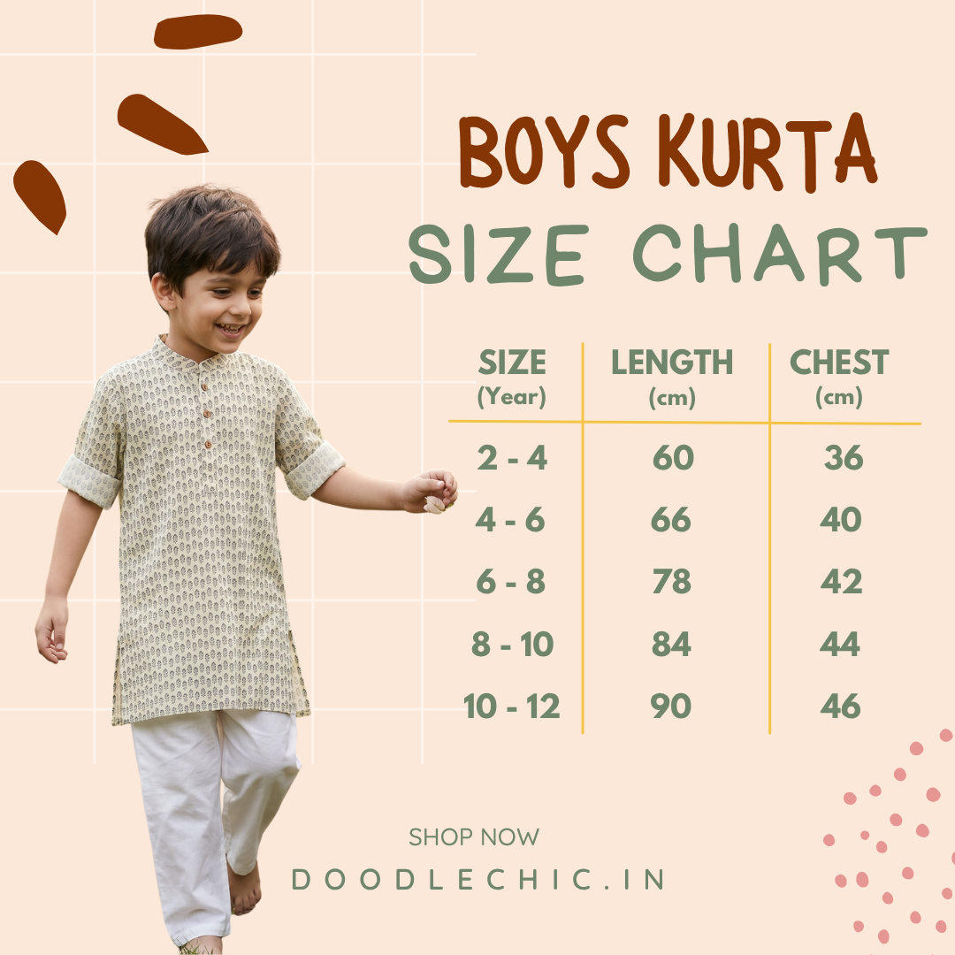 Boys kurta size chart with a child model and product details on a light pink background.