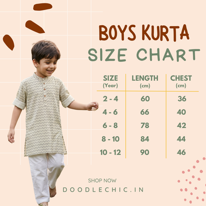 Boys kurta size chart with a child model and product details on a light pink background.