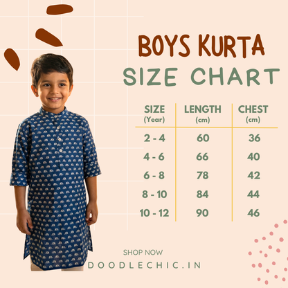 Boys kurta size chart with a child model wearing a blue kurta on a beige background.