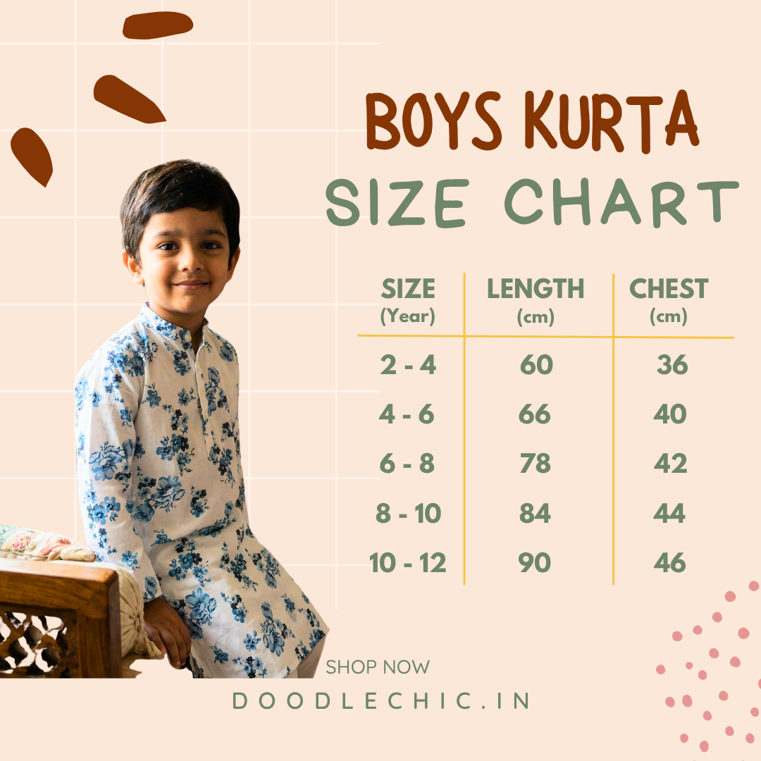 Boys kurta size chart with a child model and measurement details on a light pink background.