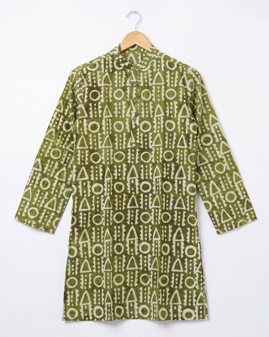 An olive green long-sleeve tunic shirt with a white geometric tribal pattern, hanging on a wooden hanger against a plain white background.