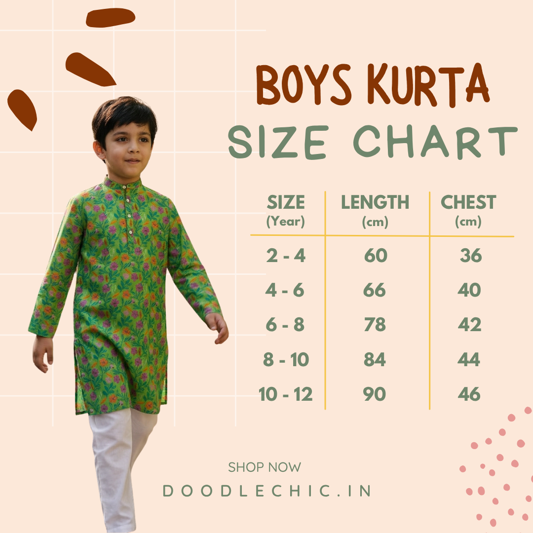 Boys kurta size chart with a child model wearing a green kurta on a beige background.