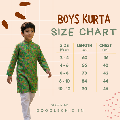 Boys kurta size chart with a child model wearing a green kurta on a beige background.