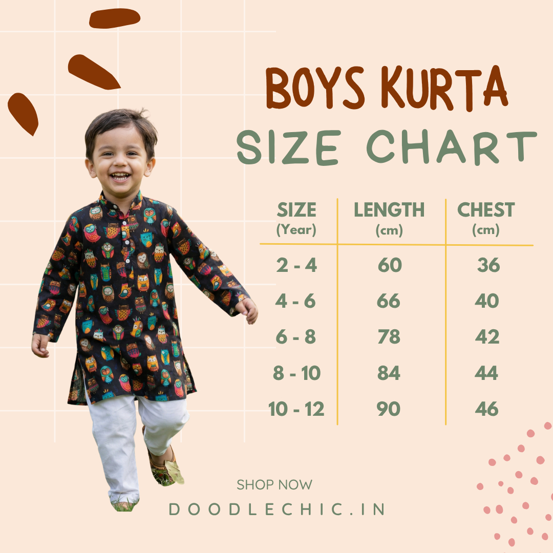 Boys kurta size chart with a child model and product details on a light pink background