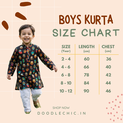 Boys kurta size chart with a child model and product details on a light pink background