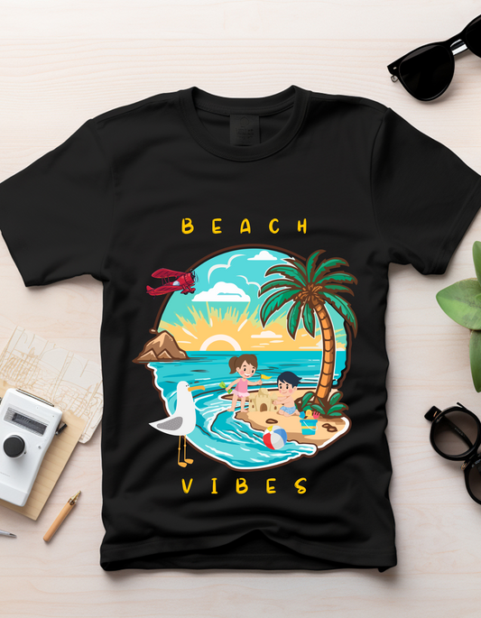 Beach Vibes Kids Organic Cotton T-shirt Black from DoodleChic