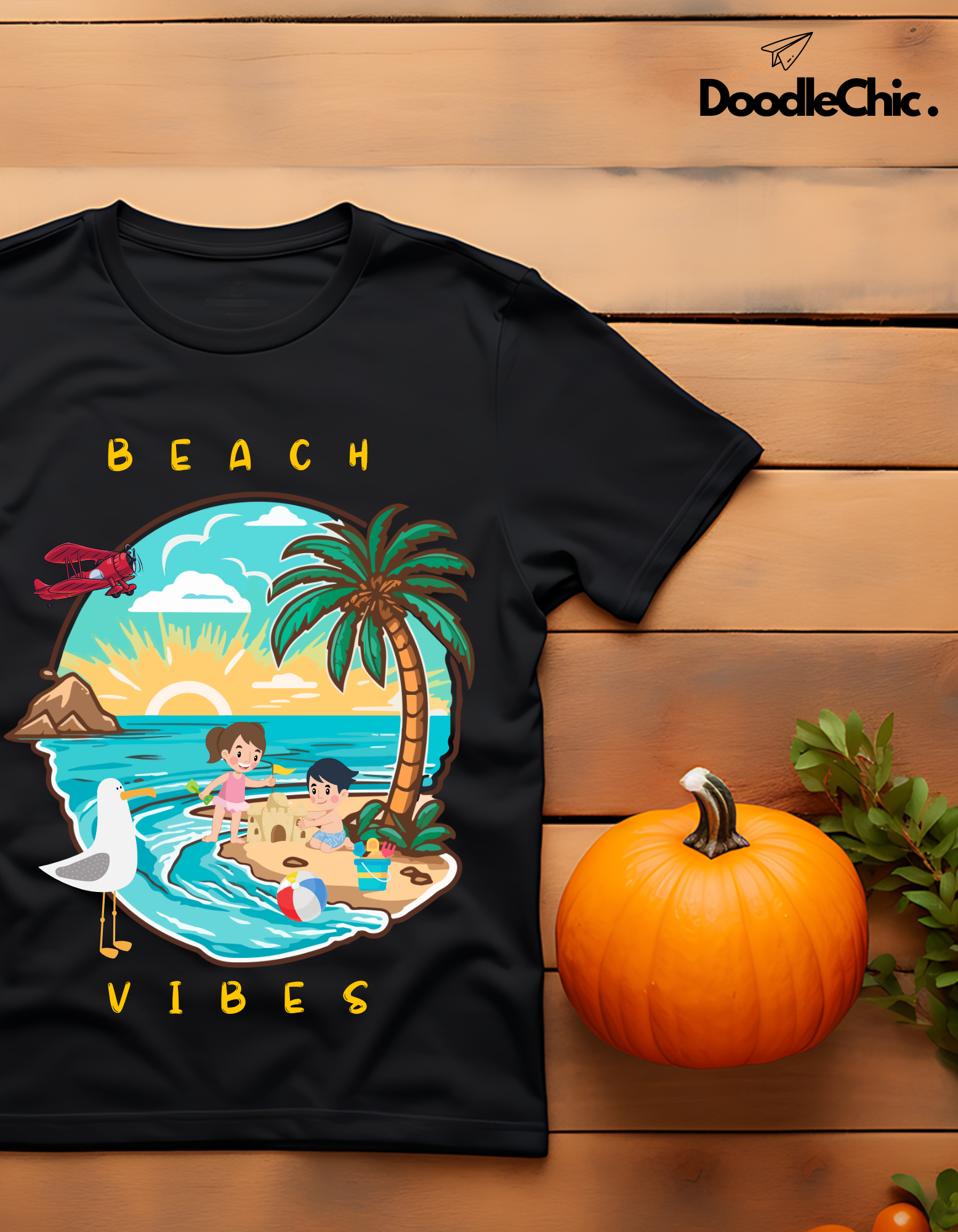 Beach Vibes Kids Organic Cotton T-shirt Black from DoodleChic