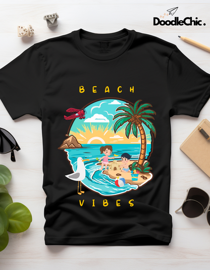Beach Vibes Kids Organic Cotton T-shirt Black from DoodleChic
