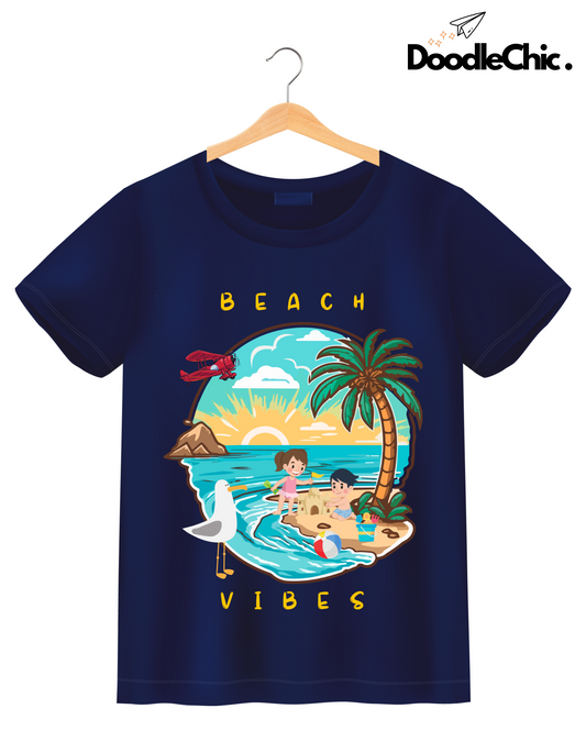 Beach Vibes Kids Organic Cotton T-shirt Navy Blue from DoodleChic