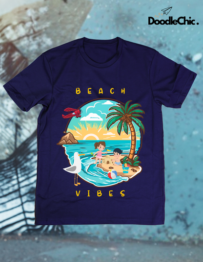 Beach Vibes Kids Organic Cotton T-shirt Navy Blue from DoodleChic