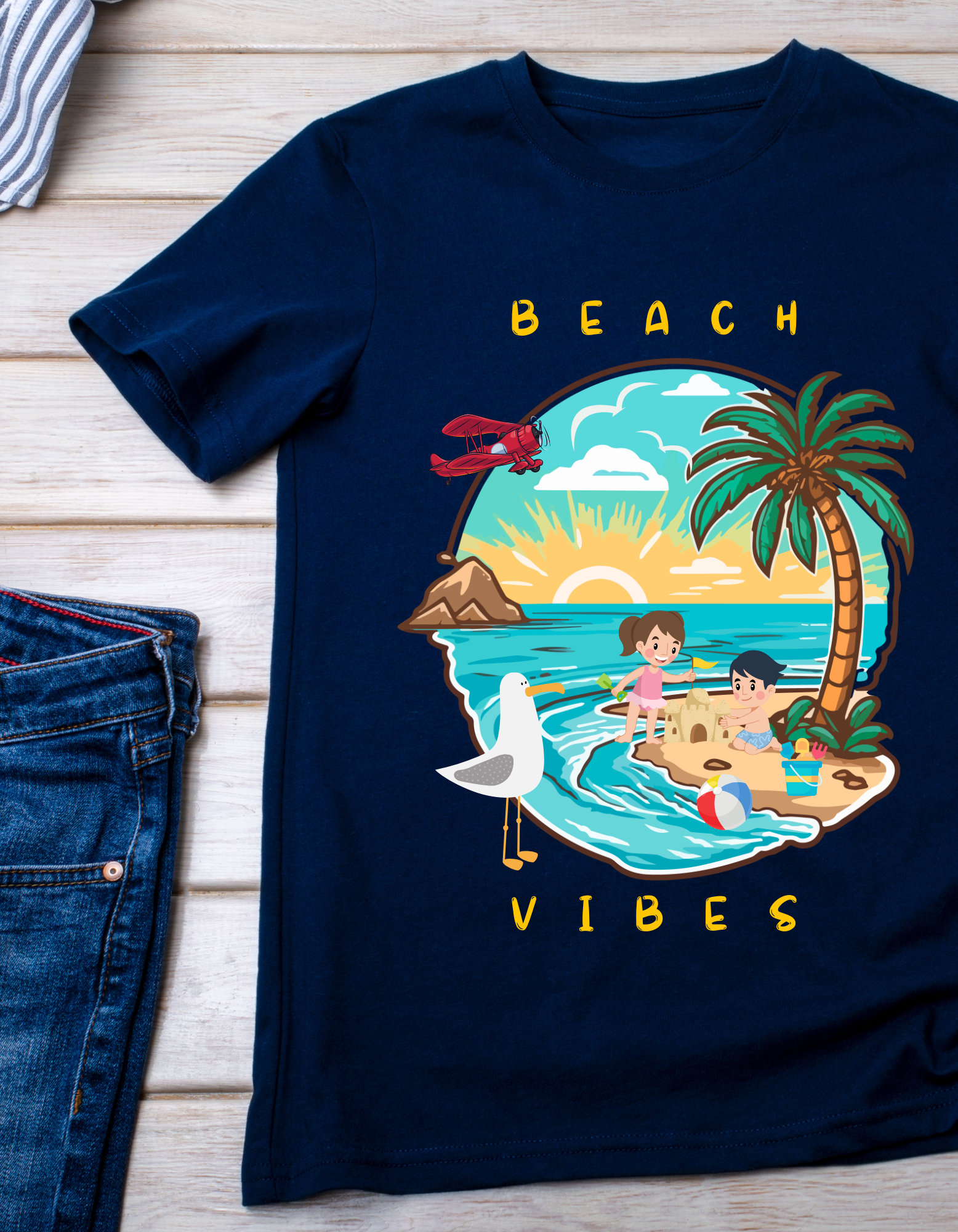 Beach Vibes Kids Organic Cotton T-shirt Navy Blue from DoodleChic