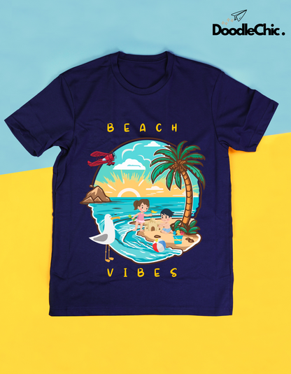Beach Vibes Kids Organic Cotton T-shirt Navy Blue from DoodleChic