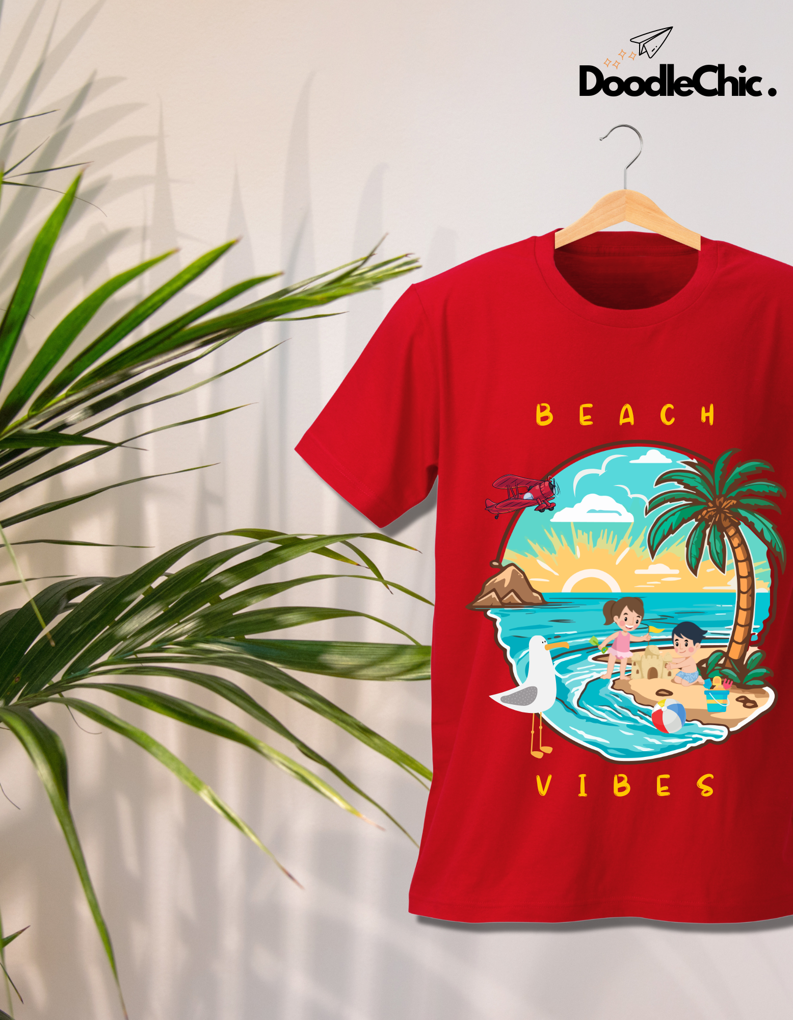 Beach Vibes Kids Organic Cotton T-shirt Red from DoodleChic