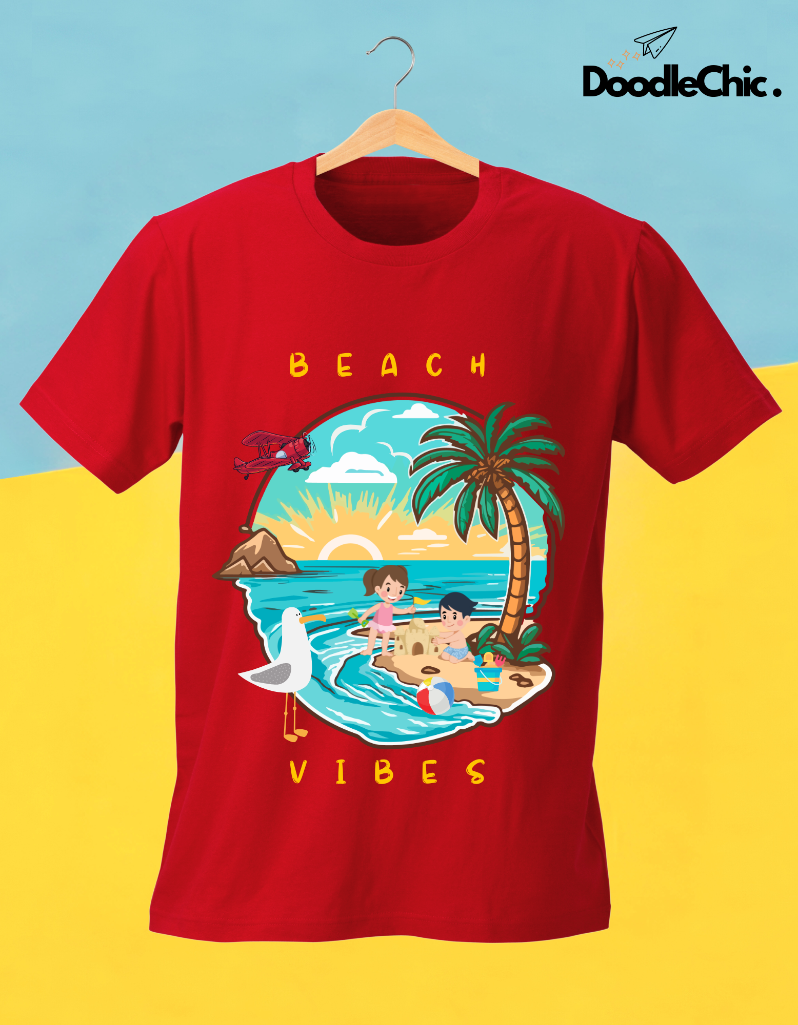 Beach Vibes Kids Organic Cotton T-shirt Red from DoodleChic