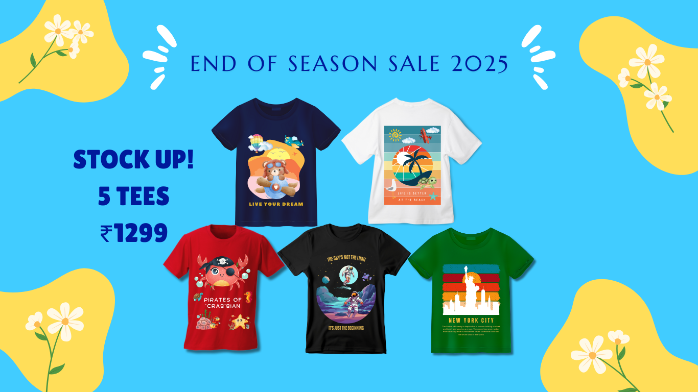 Promotional banner for end-of-season sale with colorful t-shirts on a blue background. Buy 5 tshirts for Rs.1299 Only. End of Season Sale 2025
