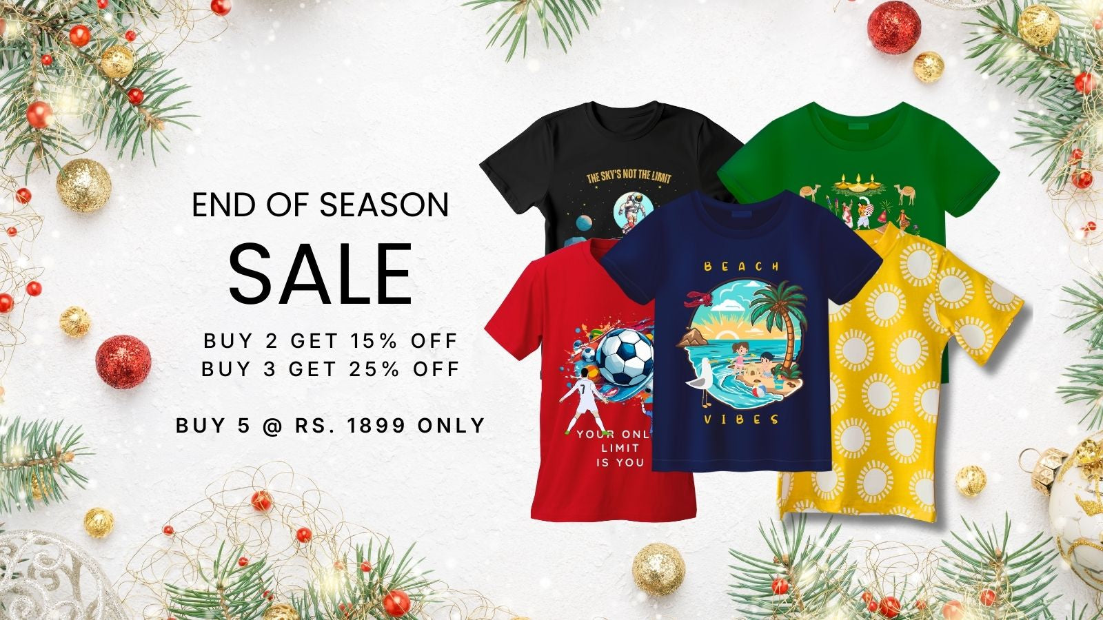 Collection of colorful t-shirts with holiday-themed decorations and sale text. DoodleChic End of Season Sale - Buy 5 colorful organic cotton T-shirts at Rs. 1499 only. Buy 2 get 15% off, Buy 3 get 25% off. Offer valid till stock lasts.