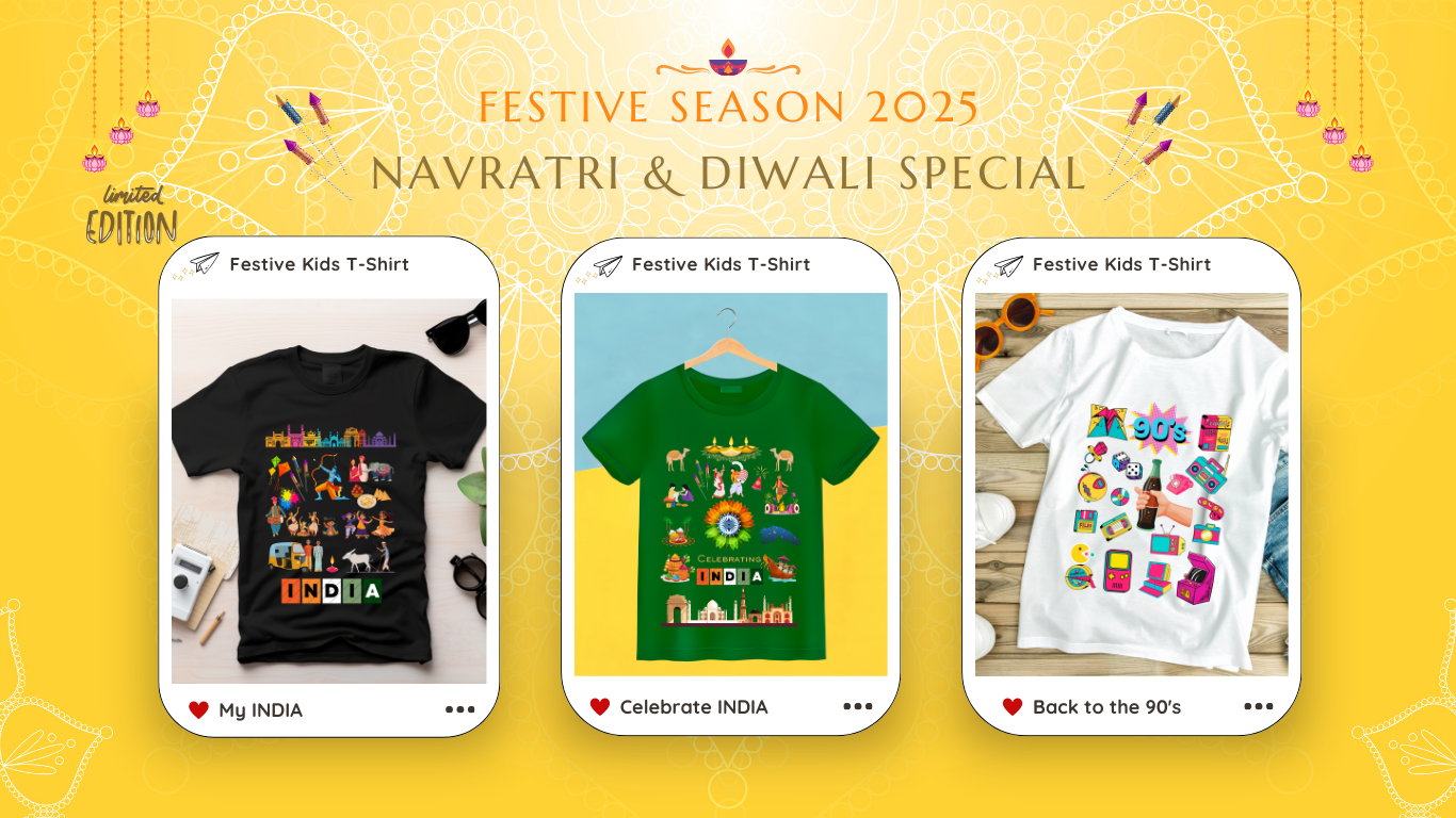 Three festive kids' t-shirts with colorful designs on a yellow background, promoting Navratri and Diwali special edition.