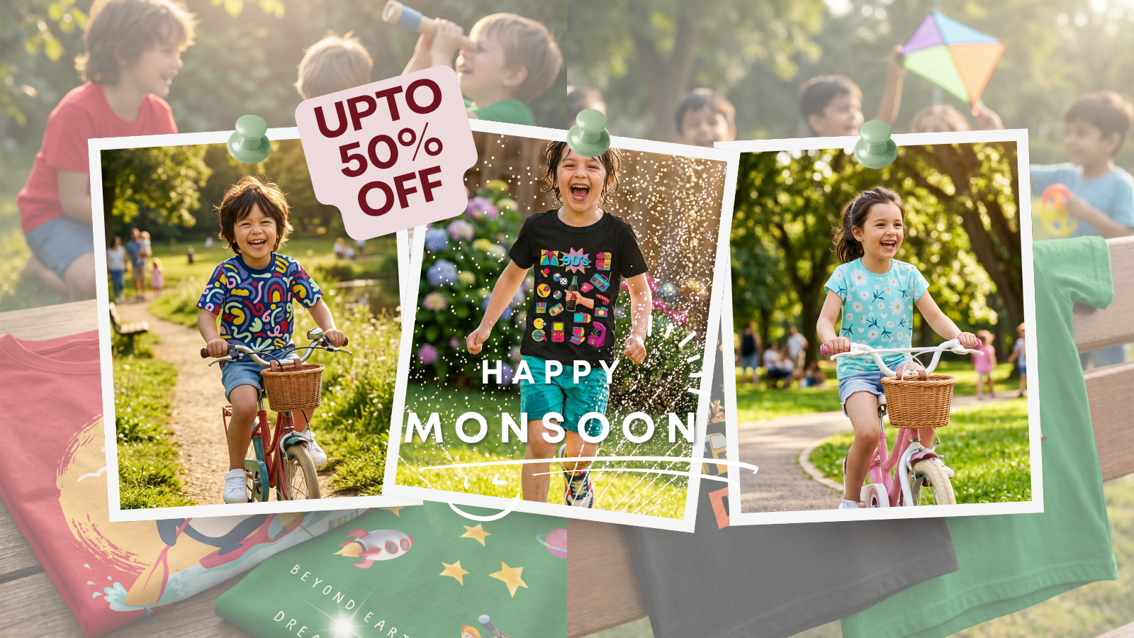 A promotional collage for a children's apparel collection, featuring three photo frames showing kids riding bicycles outdoors, with a central 'HAPPY MONSOON' banner and a 'UPTO 50% OFF' sale tag. Green fabric panels with printed illustrations are visible in the foreground.