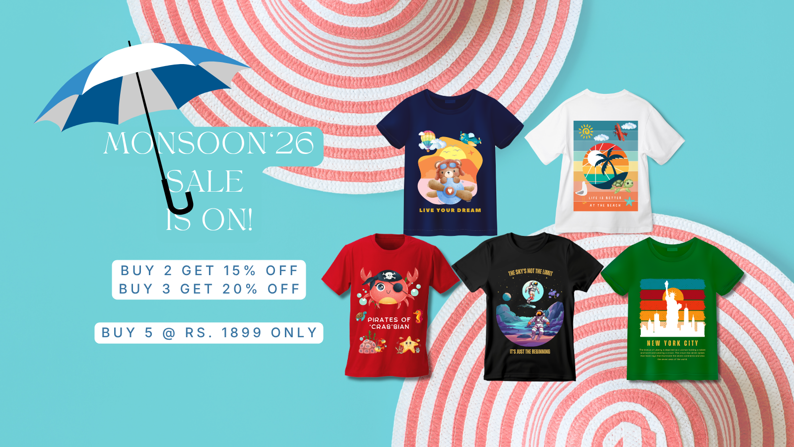 A promotional collage for Monsoon '26 sale showing five graphic T-shirts in different colors on a turquoise background with pink spiral shapes and sale text. The shirts include navy, white, red, black, and green designs with tropical and space-themed illustrations.