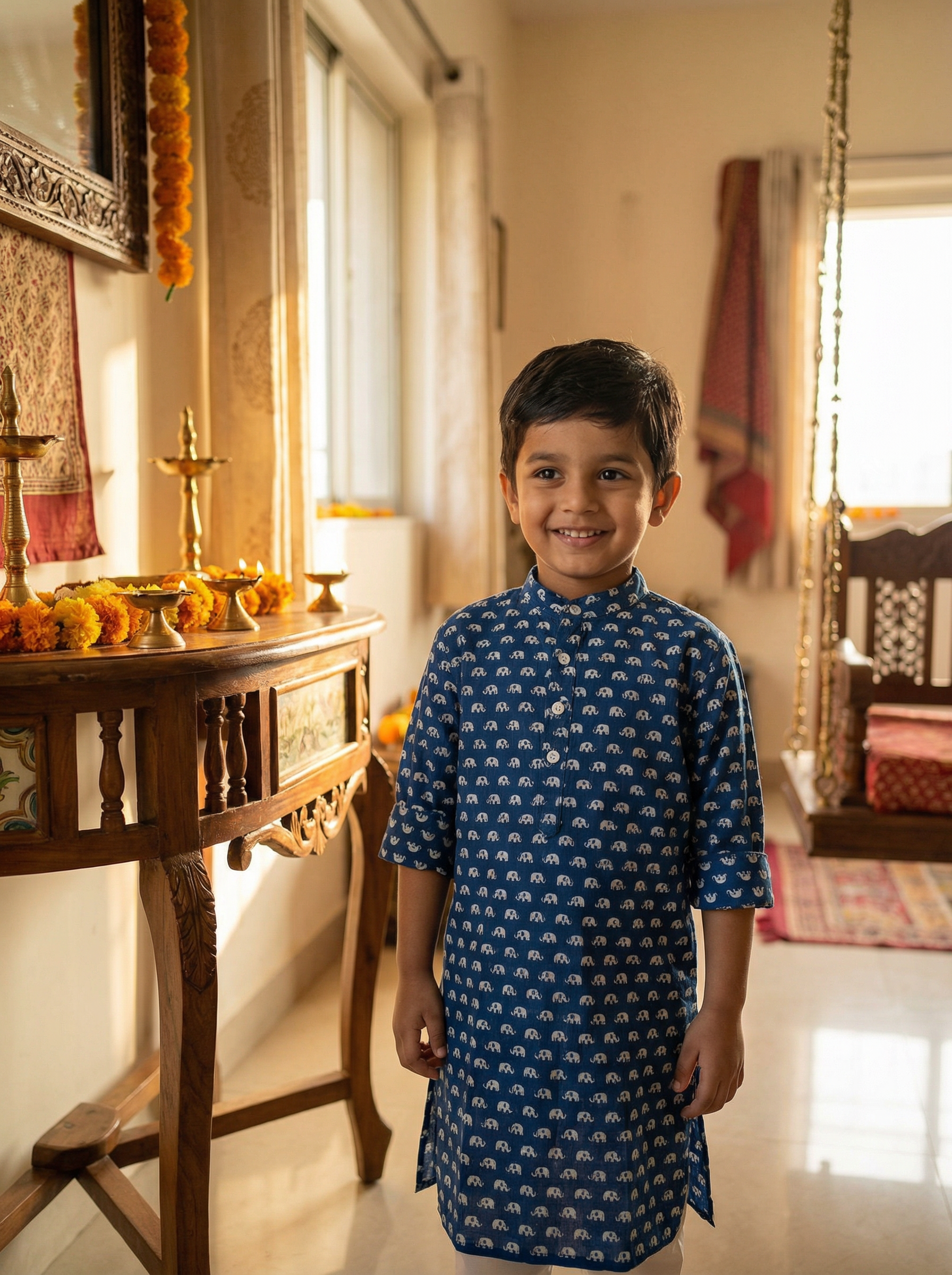 Child in a blue traditional Neel Gaj Kurta outfit standing in a decorated room with religious items.