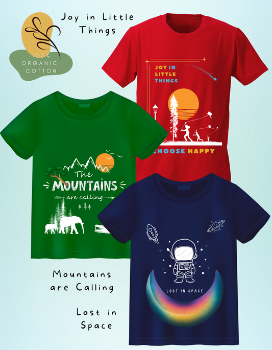 DoodleChic Pack of 3 Kids 100% Organic Cotton T-shirts- Little Things, Mountains and Space. Three t-shirts with different designs and text on a light blue background.